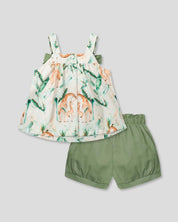 Conjunto blusa de tira estampada con moños y short verde para bebé niña