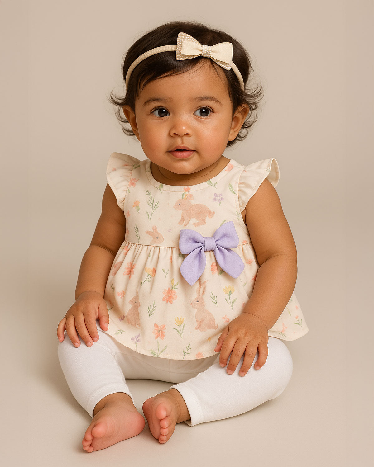 Conjunto blusa con estampado de flores, conejitos, con moño lila y leggins blanco para bebé niña