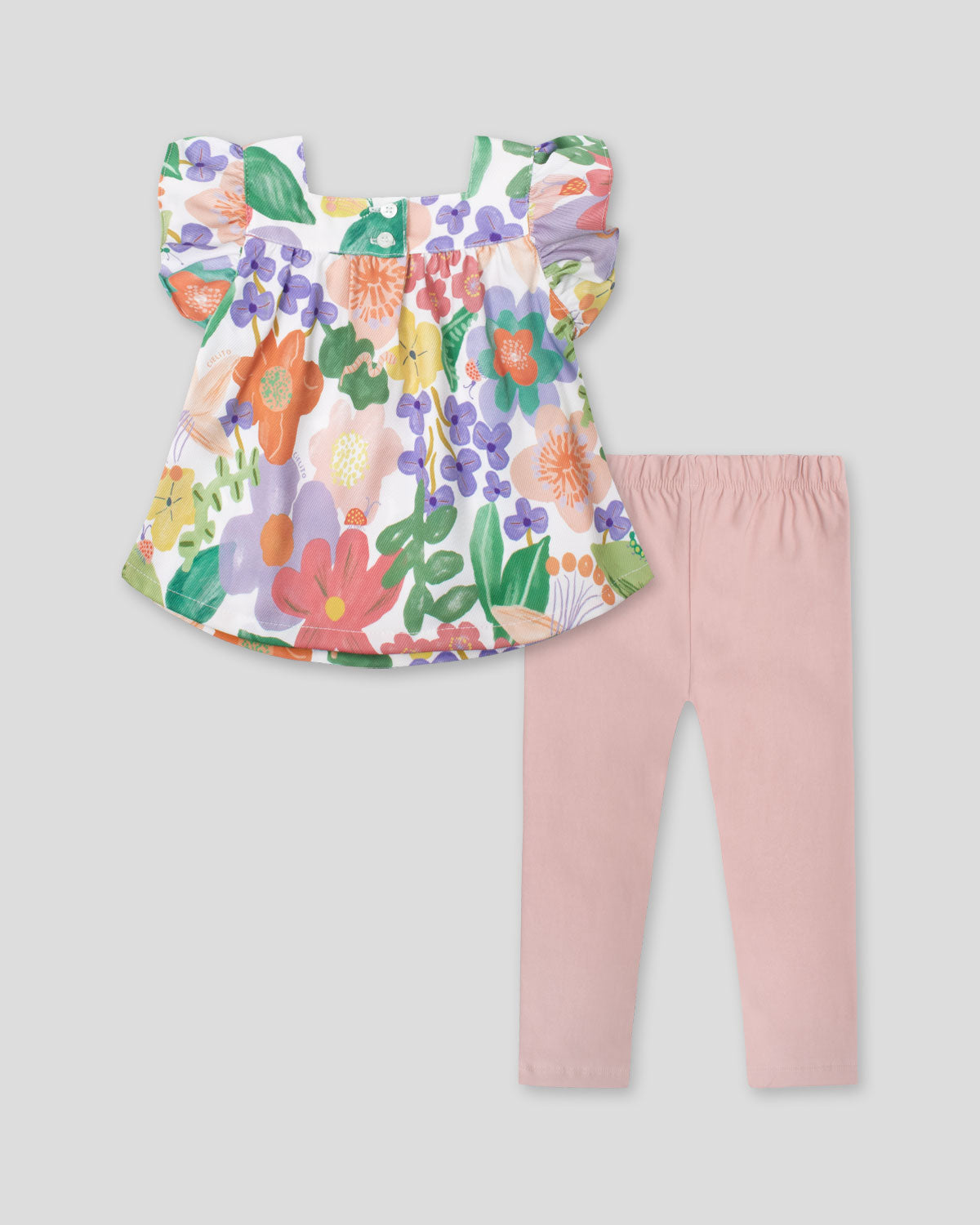 Conjunto blusa con estampado de flores de mangas con boleros, moñito rosa y leggins para bebé niña