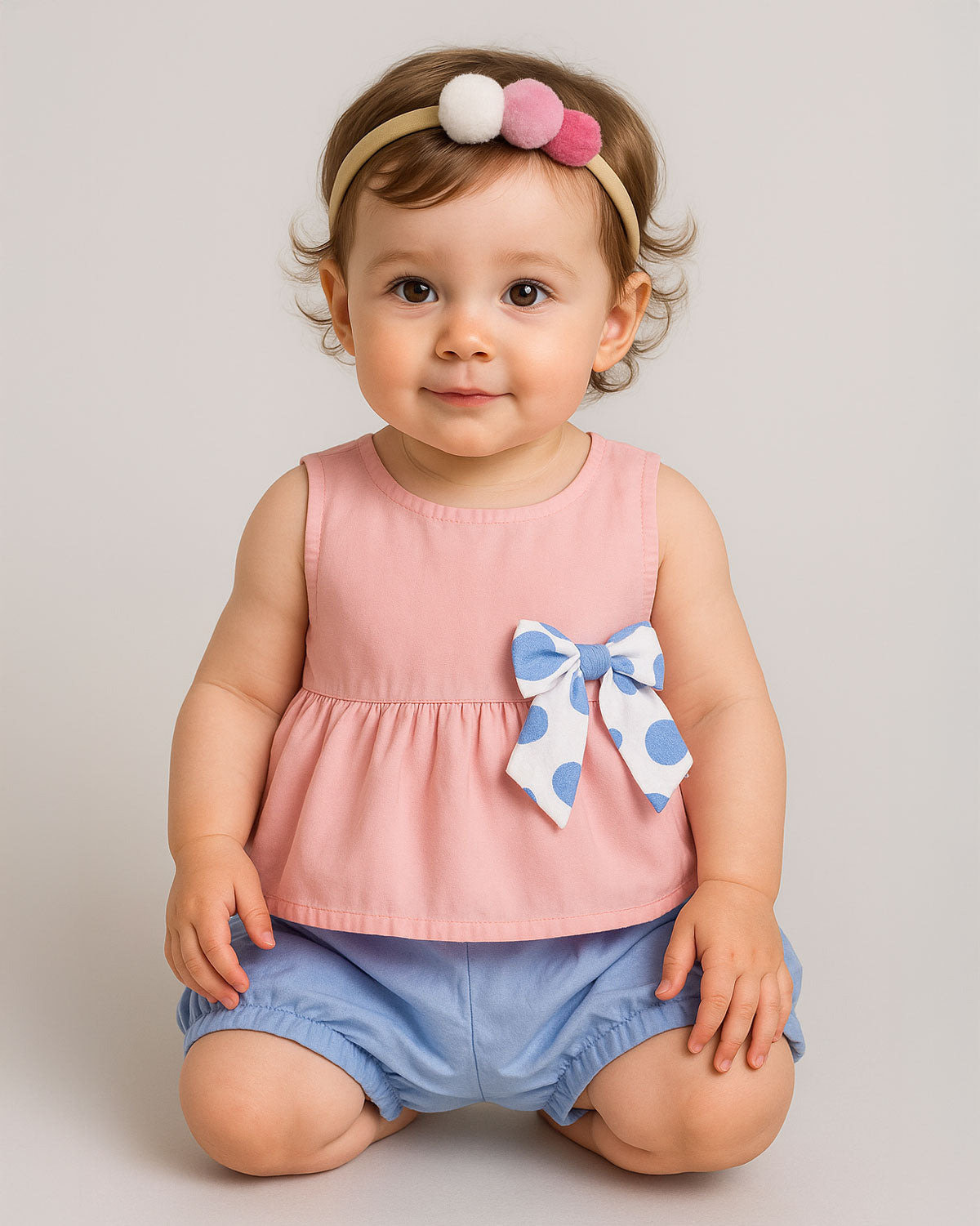 Conjunto blusa rosa pastel con moñito estampado, botonadura en espalda y short azul para bebé niña