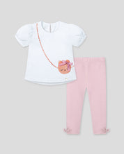 Conjunto blusa blanca con bolsito estampado y leggins rosa con moñitos para bebé niña