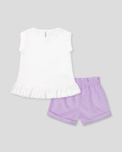 Conjunto blusa blanca sin mangas con aplique de flor y short lila para bebé niña