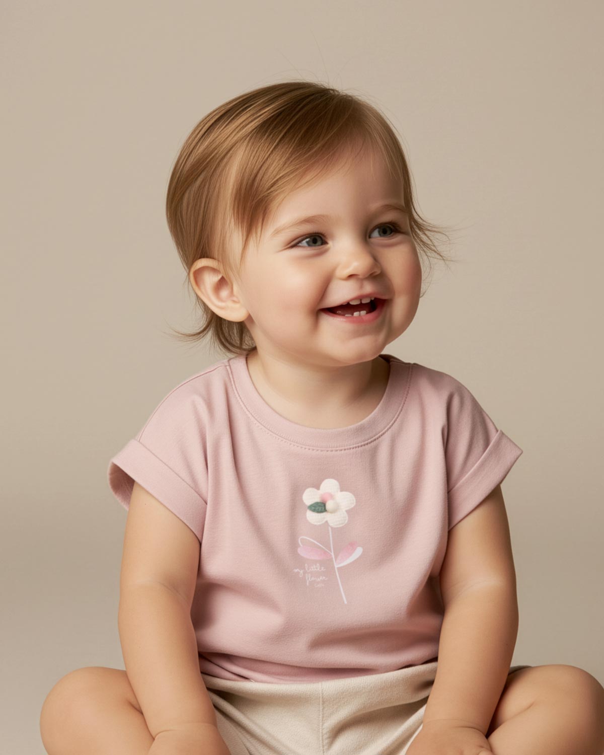 Conjunto blusa rosa con estampado de flor y short en lino para bebé niña