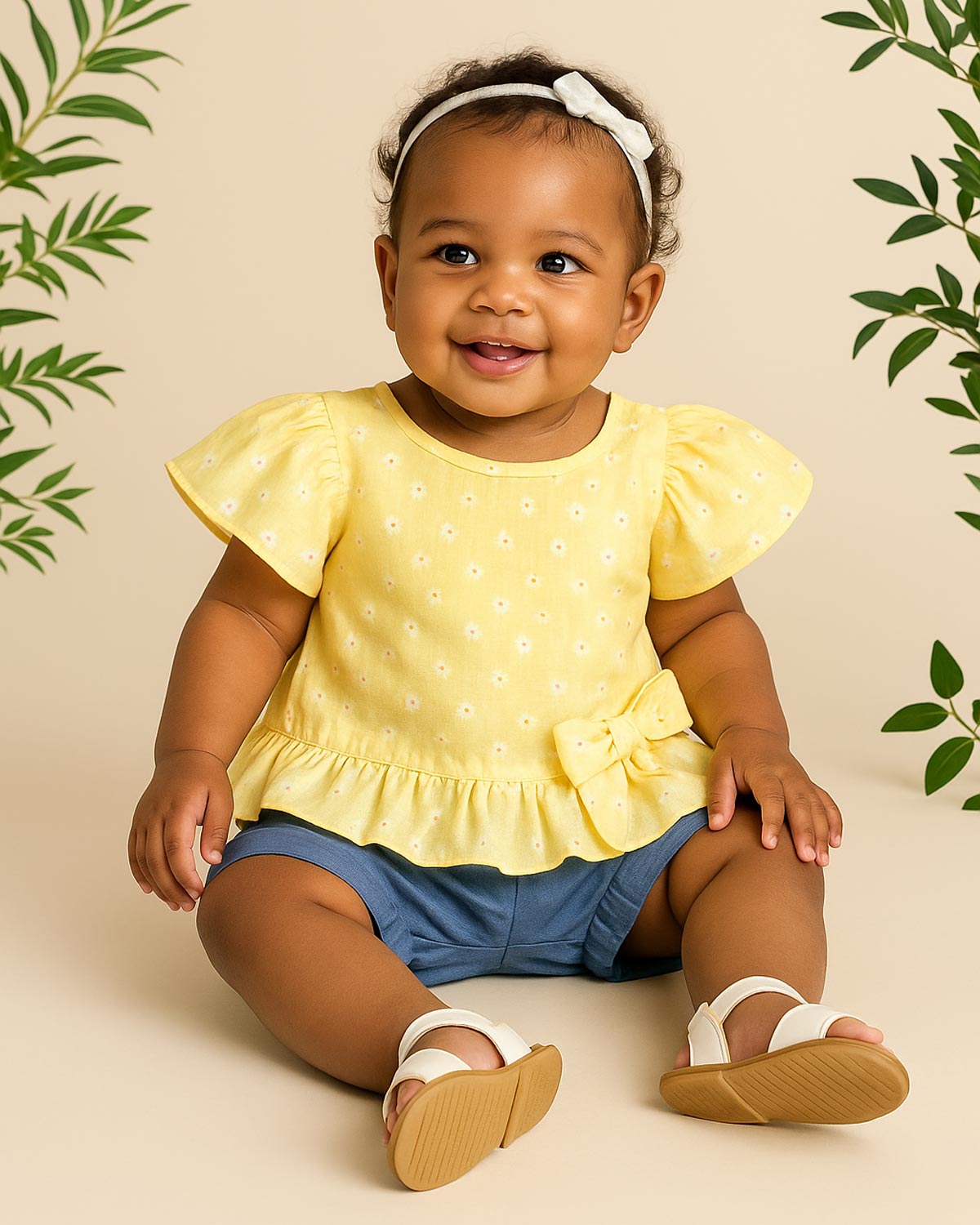 Conjunto blusa amarilla con estampado de flores, moño y short azul para bebé niña