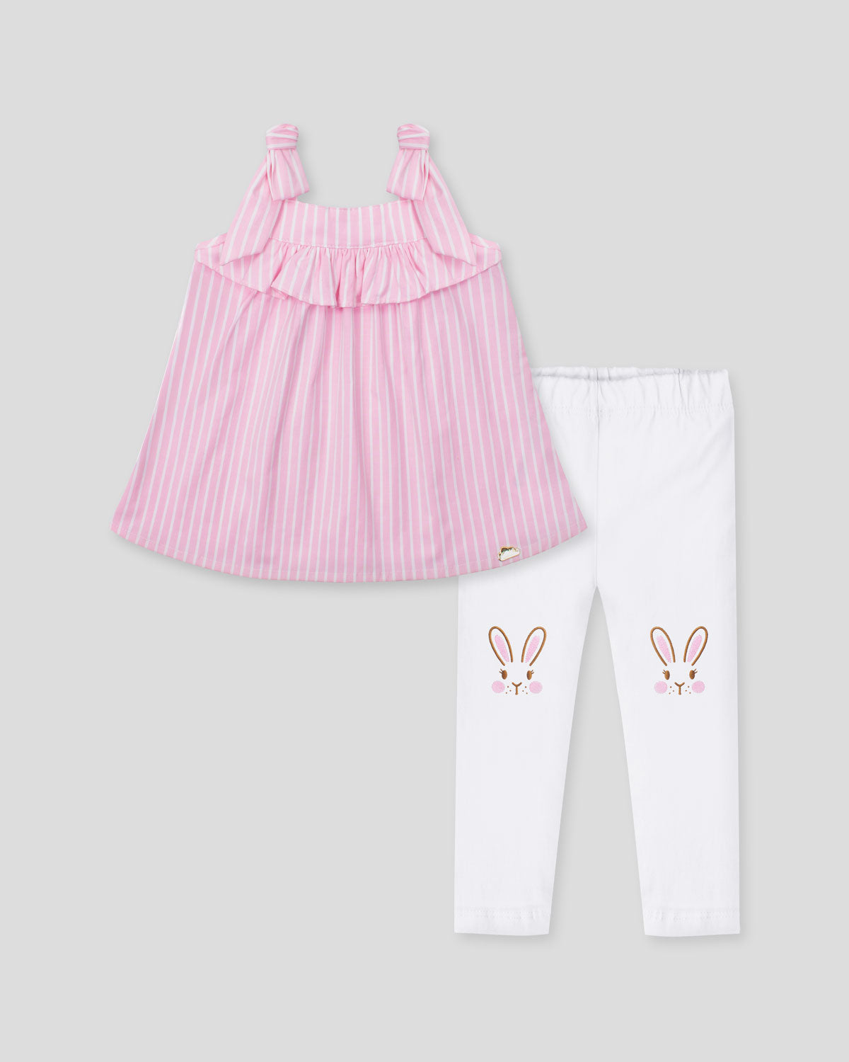 Conjunto blusa rosa con estampado de líneas y leggins con conejitos para bebé niña