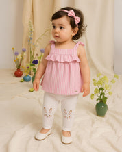 Conjunto blusa rosa con estampado de líneas y leggins con conejitos para bebé niña