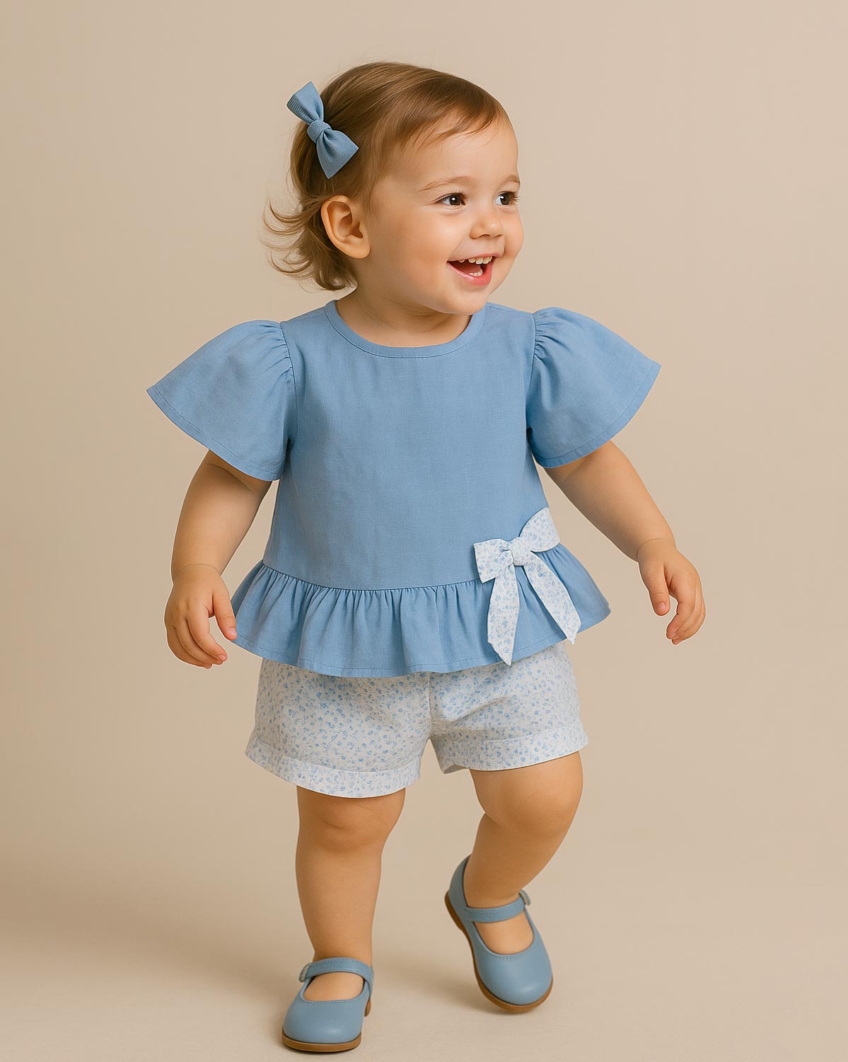 Conjunto blusa azul con moñito, boleros y short estampado para bebé niña