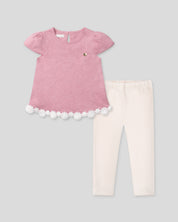 Conjunto blusa rosa con encaje de florecitas y leggins en rib para bebé niña