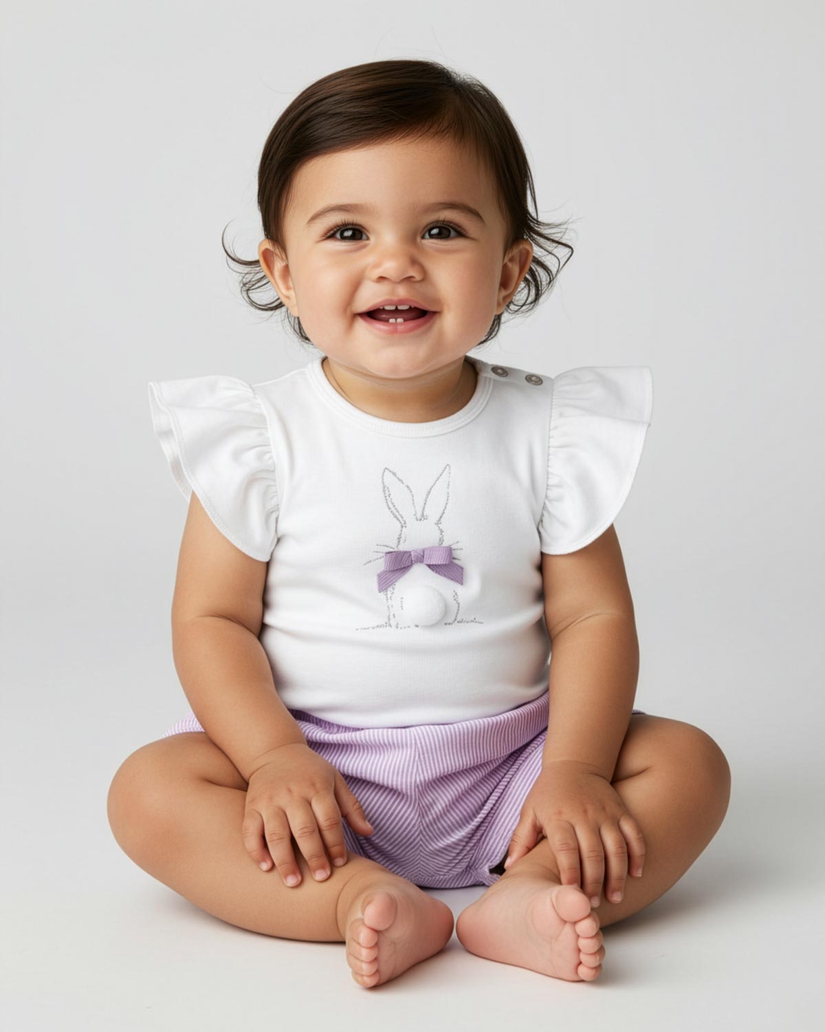 Conjunto body de mangas con bolero, estampado de conejito y short de líneas lilas para bebé niña