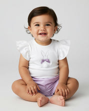 Conjunto body de mangas con bolero, estampado de conejito y short de líneas lilas para bebé niña