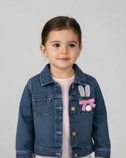 Chaqueta denim con bordado de conejo y moñito para bebé niña
