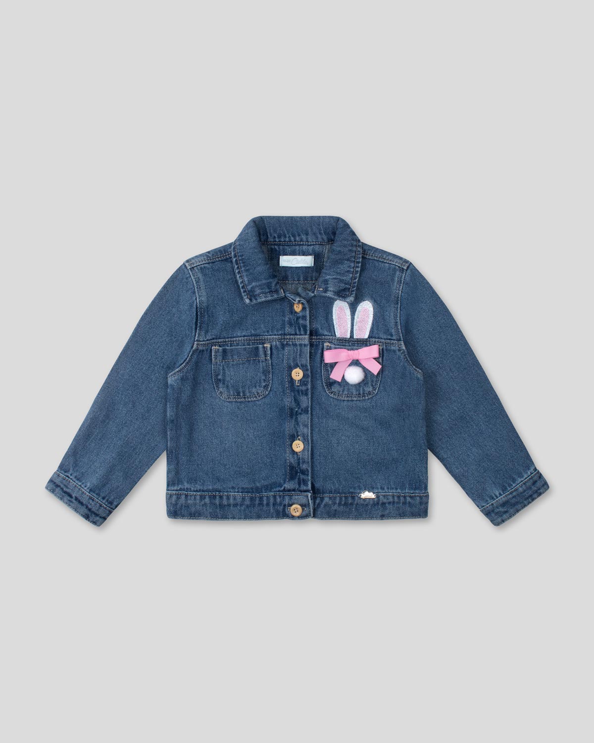 Chaqueta denim con bordado de conejo y moñito para bebé niña