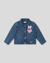 Chaqueta denim con bordado de conejo y moñito para bebé niña