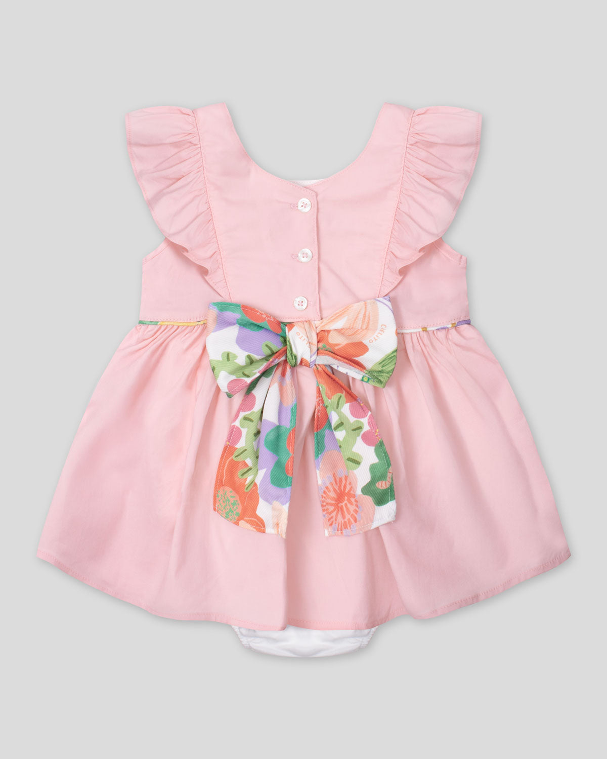 Vestido body en popelina con boleros y moño estampado en espalda para bebé niña