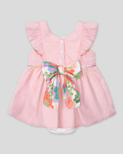 Vestido body en popelina con boleros y moño estampado en espalda para bebé niña