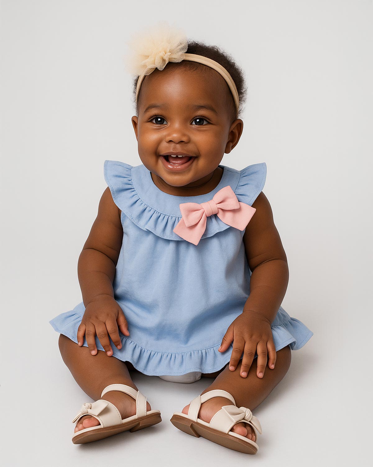 Vestido body azul con boleros y moñito rosa para bebé niña