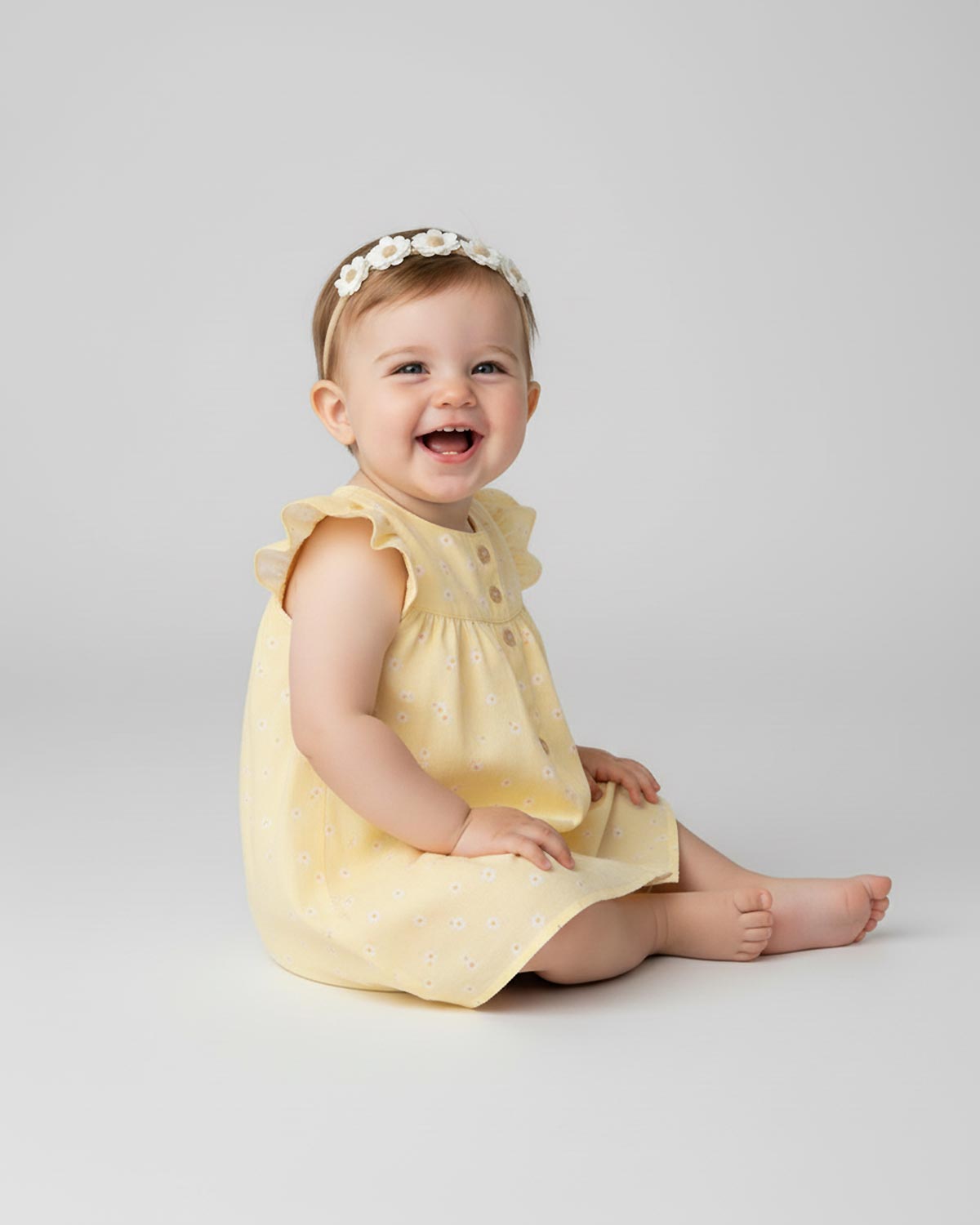 Vestido body amarillo con estampado de flores y bolsillitos en los costados para bebé niña