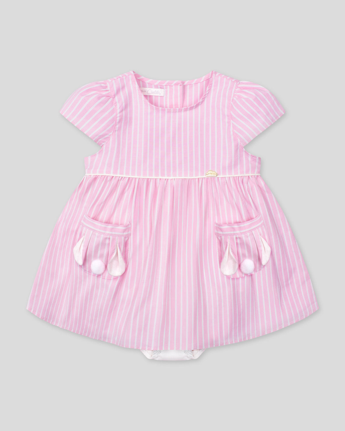 Vestido body rosa con estampado de líneas y bolsillos de conejito para bebé niña