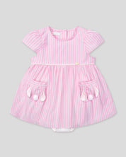 Vestido body rosa con estampado de líneas y bolsillos de conejito para bebé niña