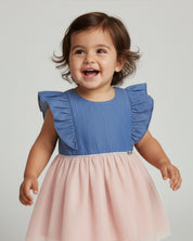 Vestido body azul con boleros y tul brillante rosa para bebé niña