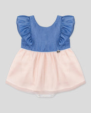 Vestido body azul con boleros y tul brillante rosa para bebé niña