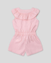 Enterizo corto en popelina con bolero, botonadura frontal y cinturón estampado para bebé niña
