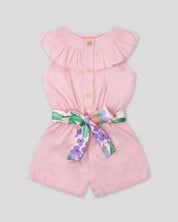 Enterizo corto en popelina con bolero, botonadura frontal y cinturón estampado para bebé niña