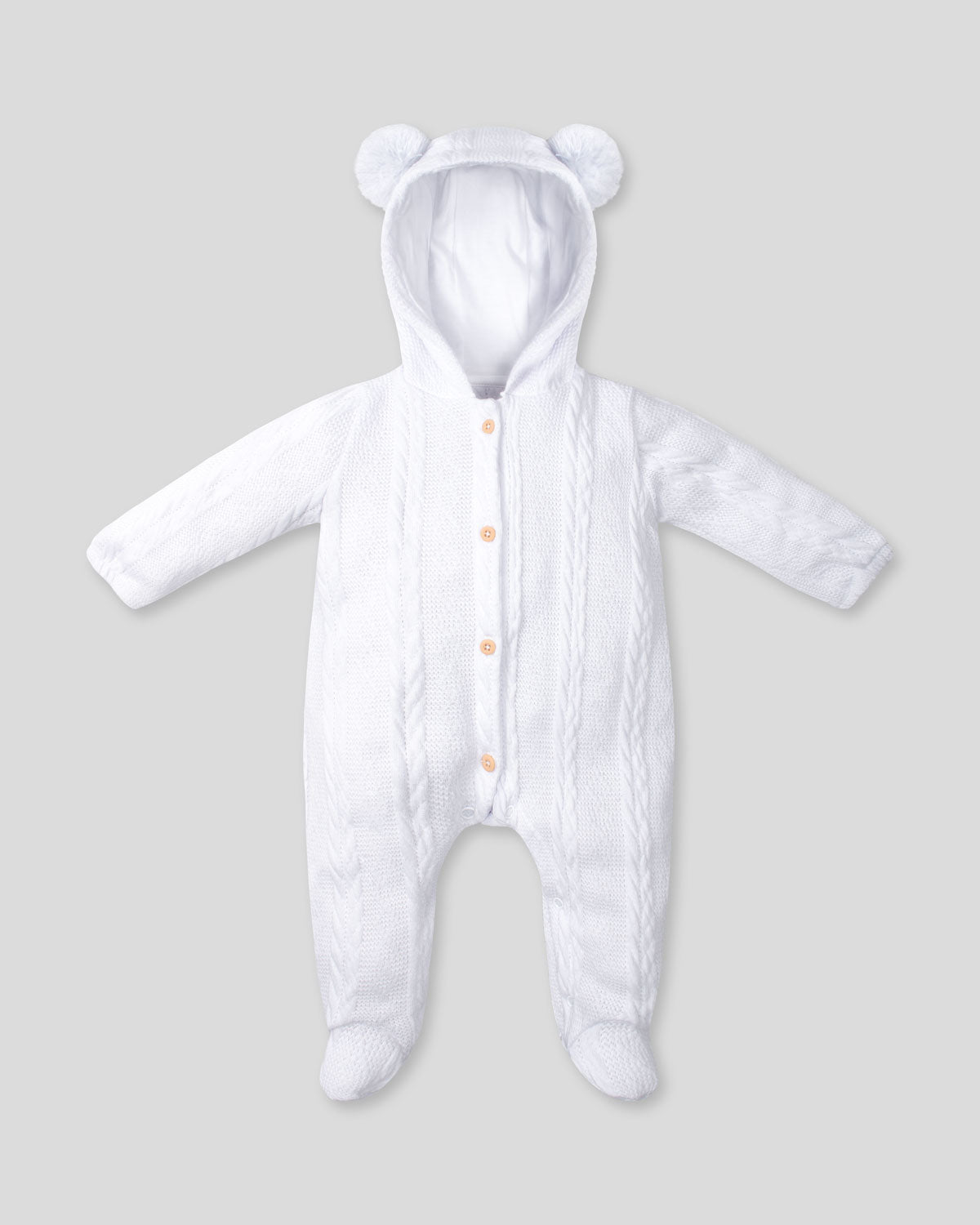 Pijama enteriza blanca de gorrito con pompones para bebé niña