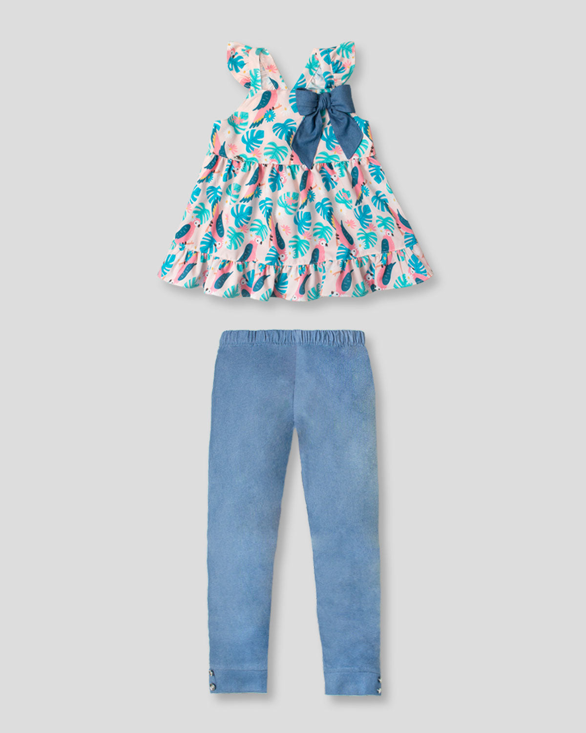 Conjunto blusa con estampado de tucan y leggins en chambray para niña –