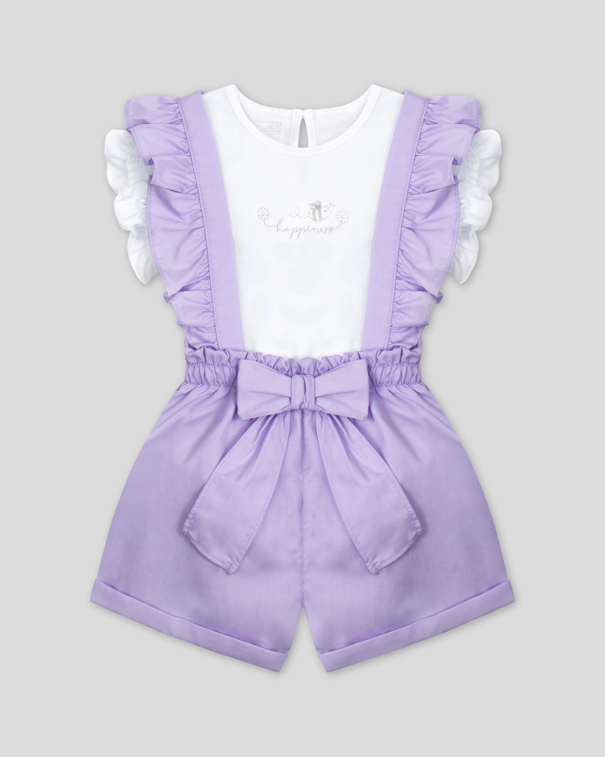 Conjunto blusa blanca con bordado, mangas con boleros y short lila con tirantes para niña