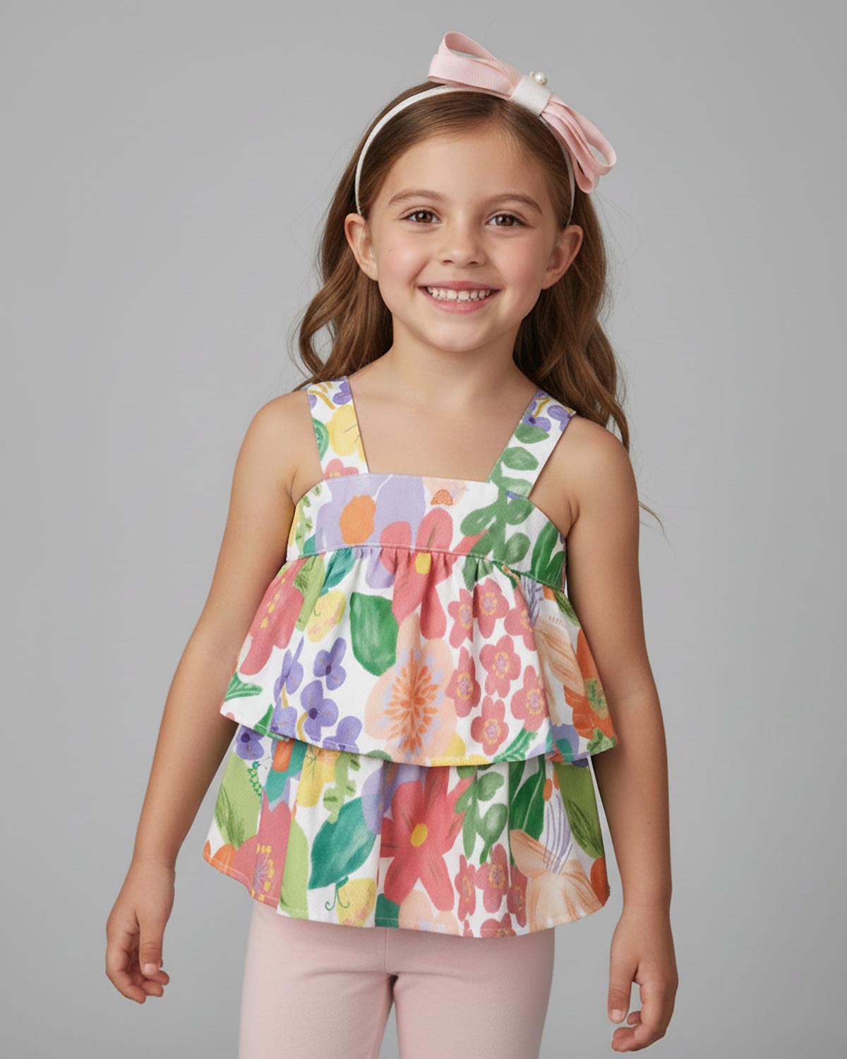 Conjunto blusa de tiras con estampado de flores, boleros y leggins rosado para niña