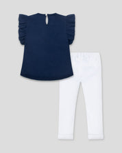 Conjunto blusa azul con bolero, moño de rayas y leggins blanco para niña