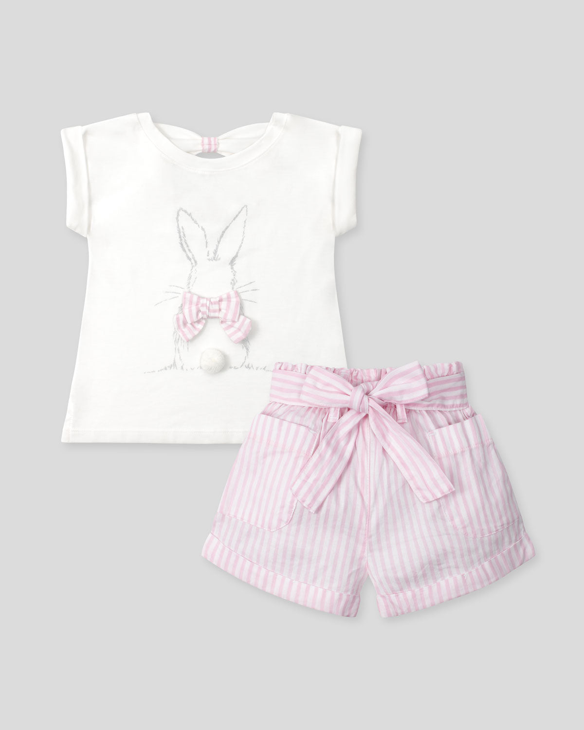 Conjunto blusa blanca de conejito y short de líneas rosas con cinturón para niña