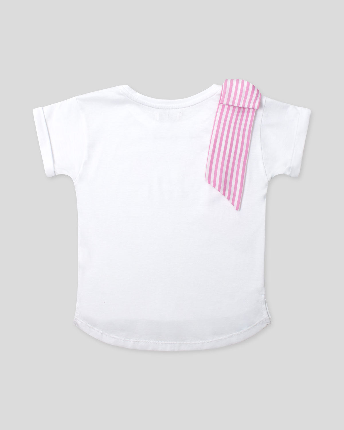Camiseta blanca con estampado de corazones y moño en hombro de rayas rosa para niña