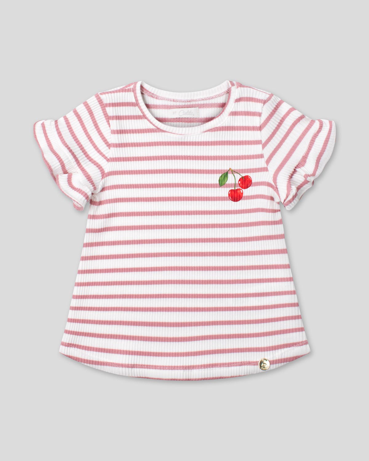 Blusa de rayas rosas con boleritos en mangas y estampado de cerezas para niña