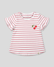 Blusa de rayas rosas con boleritos en mangas y estampado de cerezas para niña