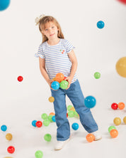 Blusa de rayas azules con boleritos y estampado de cerezas para niña