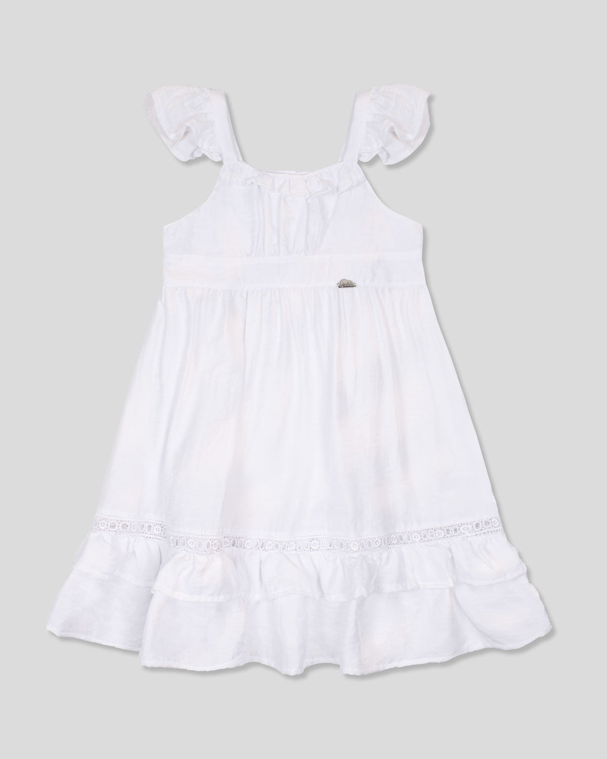 Vestido blanco con boleros y detalle de hoja rota para niña