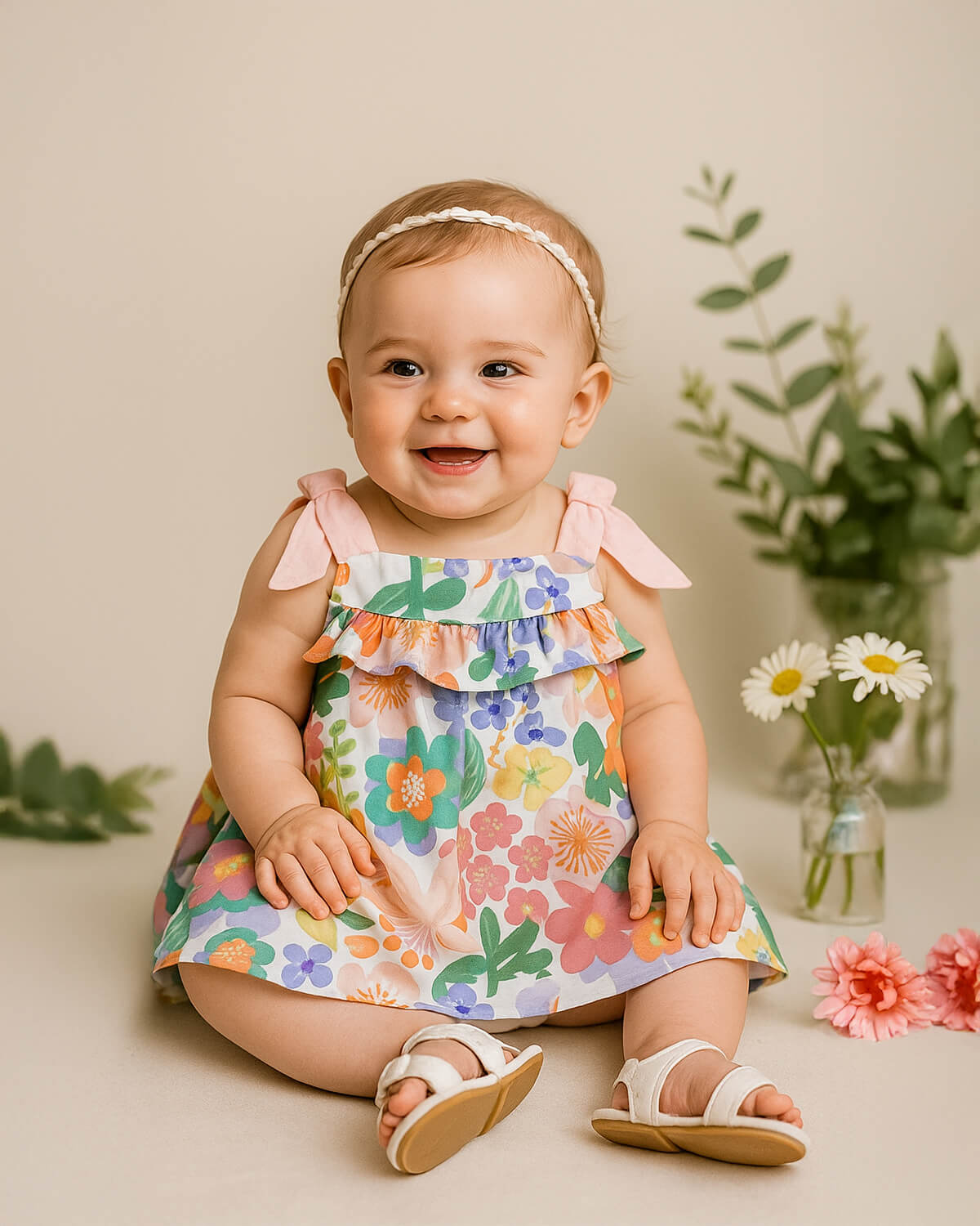Vestido body con estampado de flores y detalle de moño rosa para bebé niña