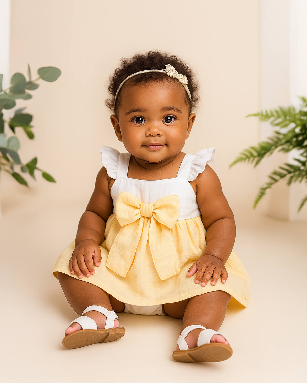 Vestido body en lino blanco y amarillo con detalle de moño para bebé niña