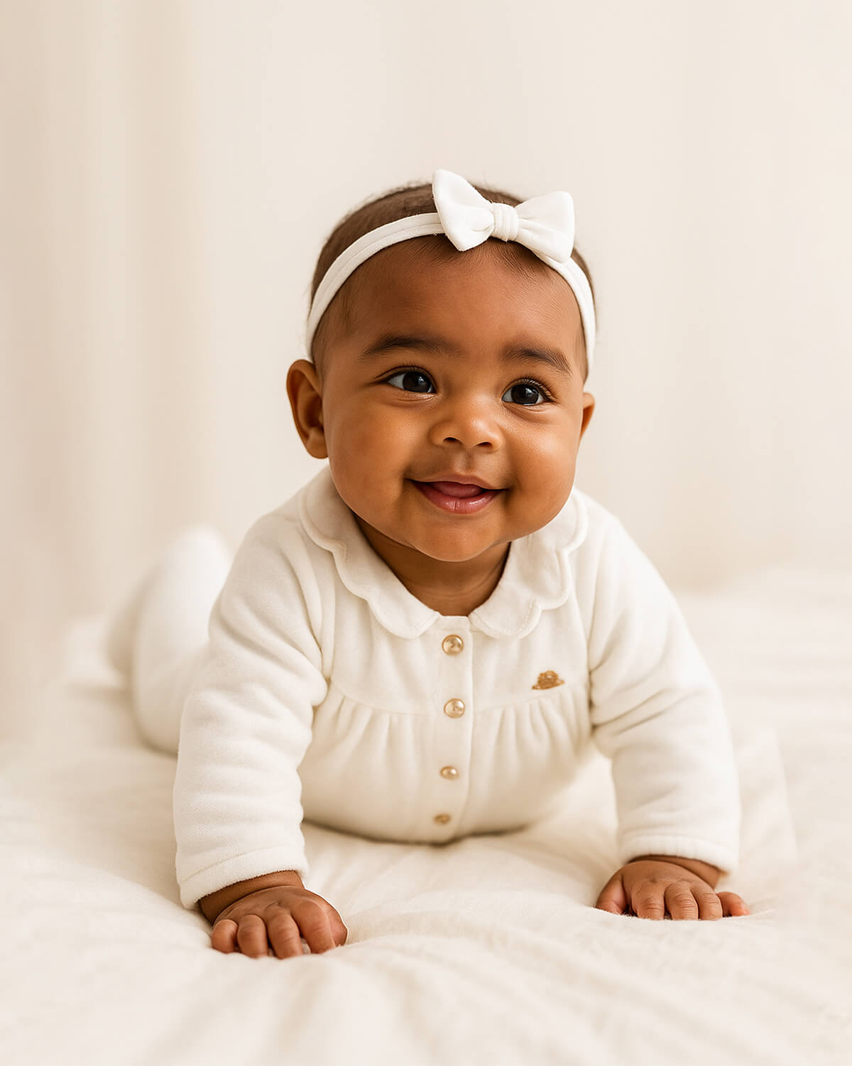 Pijamas enteriza blanca crema con botones y corazones en los costados para bebé niña