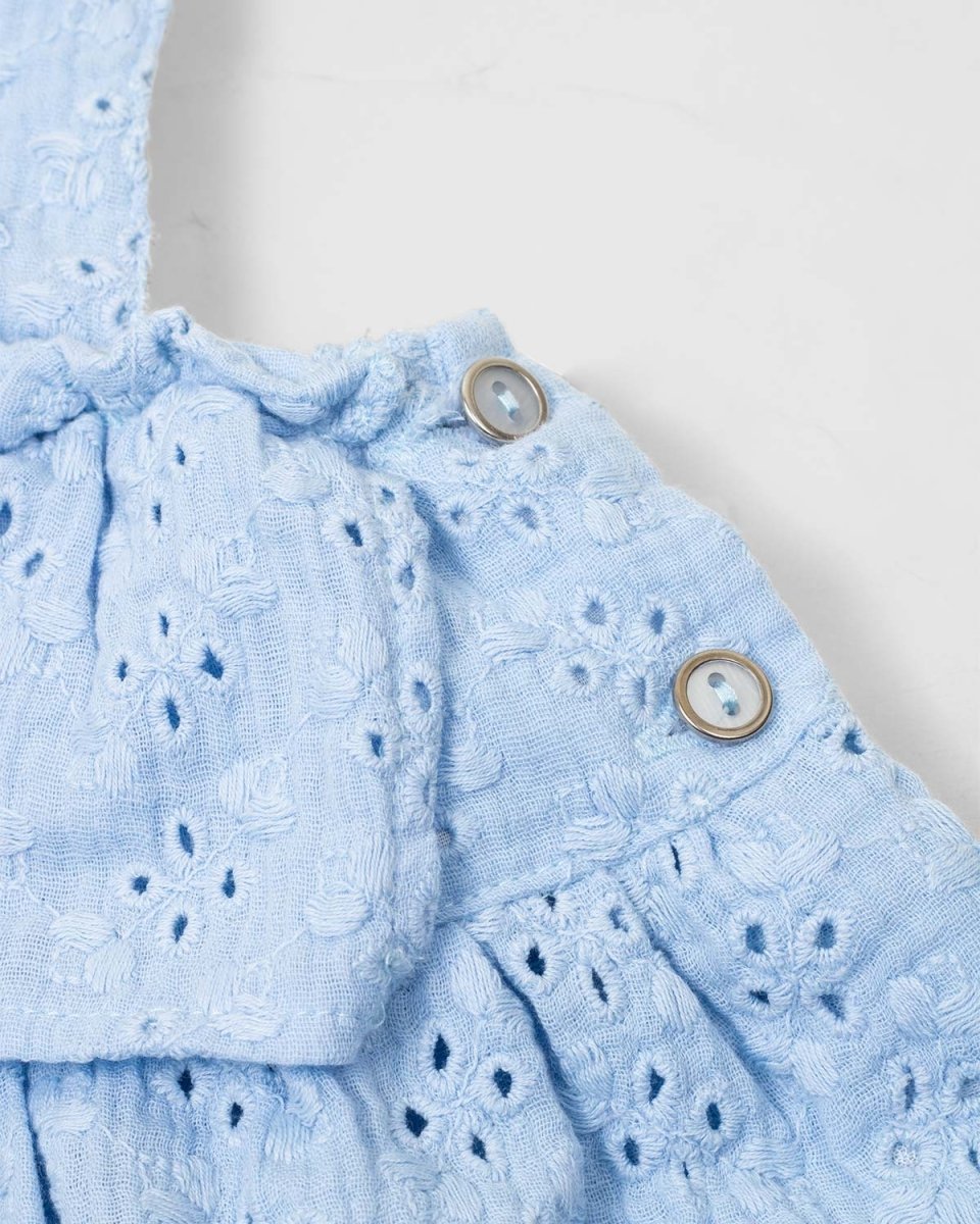 Blusa azul con bolero cruzado en tela hoja rota para niña - Cielito