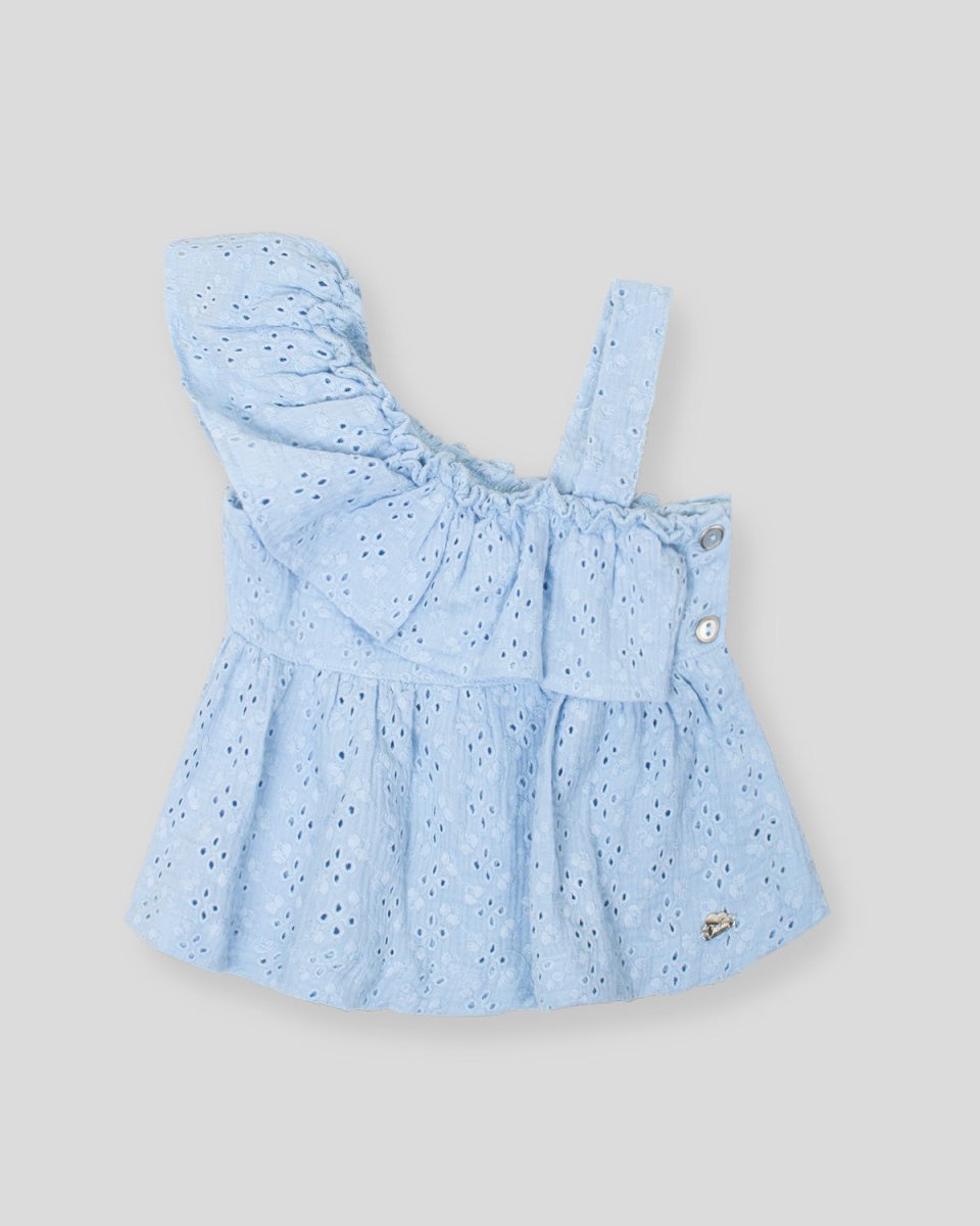 Blusa azul con bolero cruzado en tela hoja rota para niña - Cielito