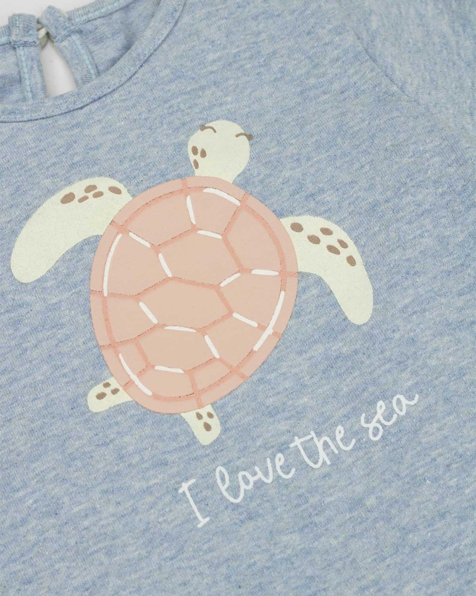 Camiseta azul sostenible con estampado de tortuga para bebé niña - Cielito