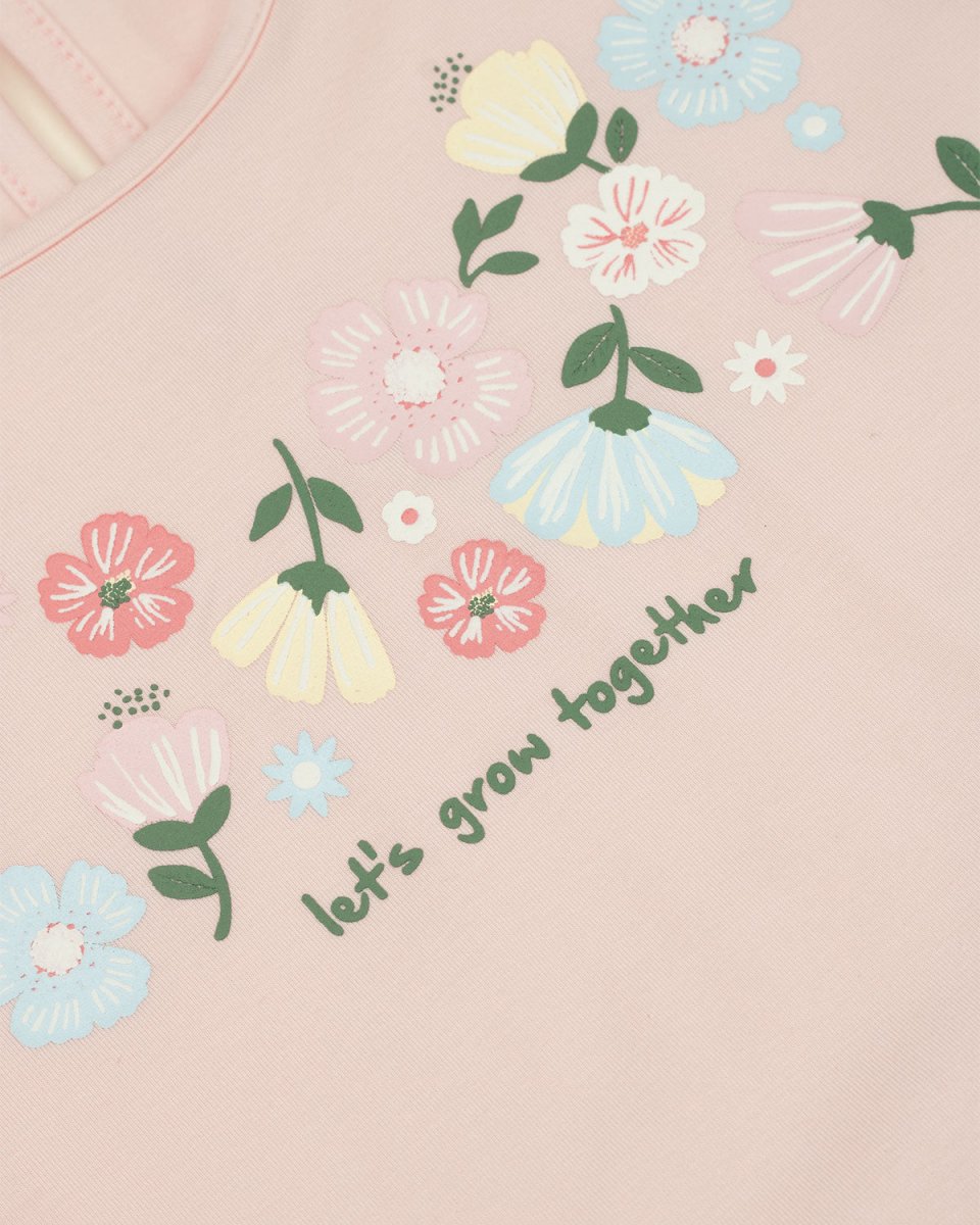 Camiseta rosada con estampado de rosas y boleros en mangas para niña - Cielito