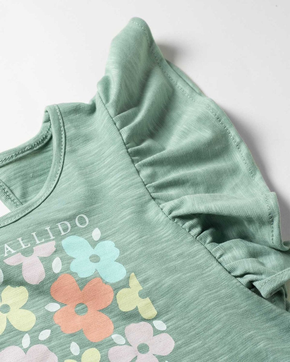 Camiseta verde ¨estallido floral¨con boleros en hombros para niña - Cielito