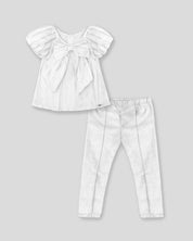 Conjunto Blusa blanca de lineas metalizadas con moño y leggins metalizado para niña - Cielito