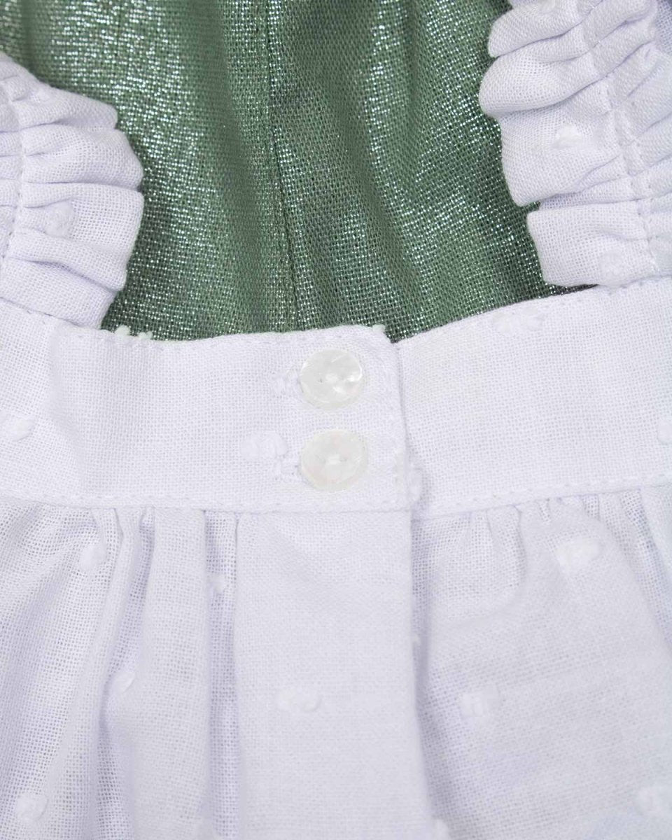 Conjunto blusa blanca de tiras con boleros y short verde con efecto brillante para niña - Cielito