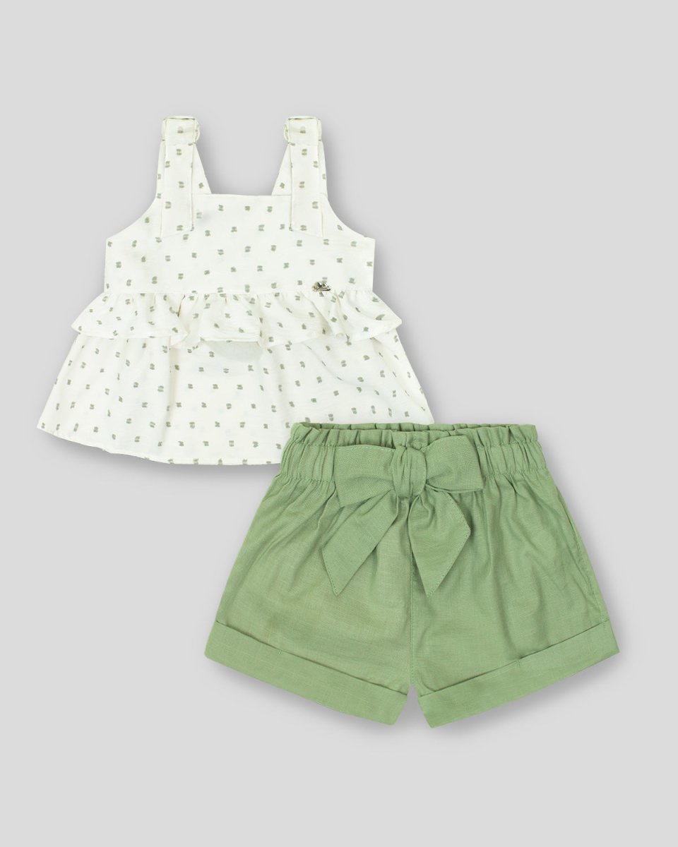 Conjunto blusa de tiras blanca de puntos verdes y short verde con moño –  Cielito
