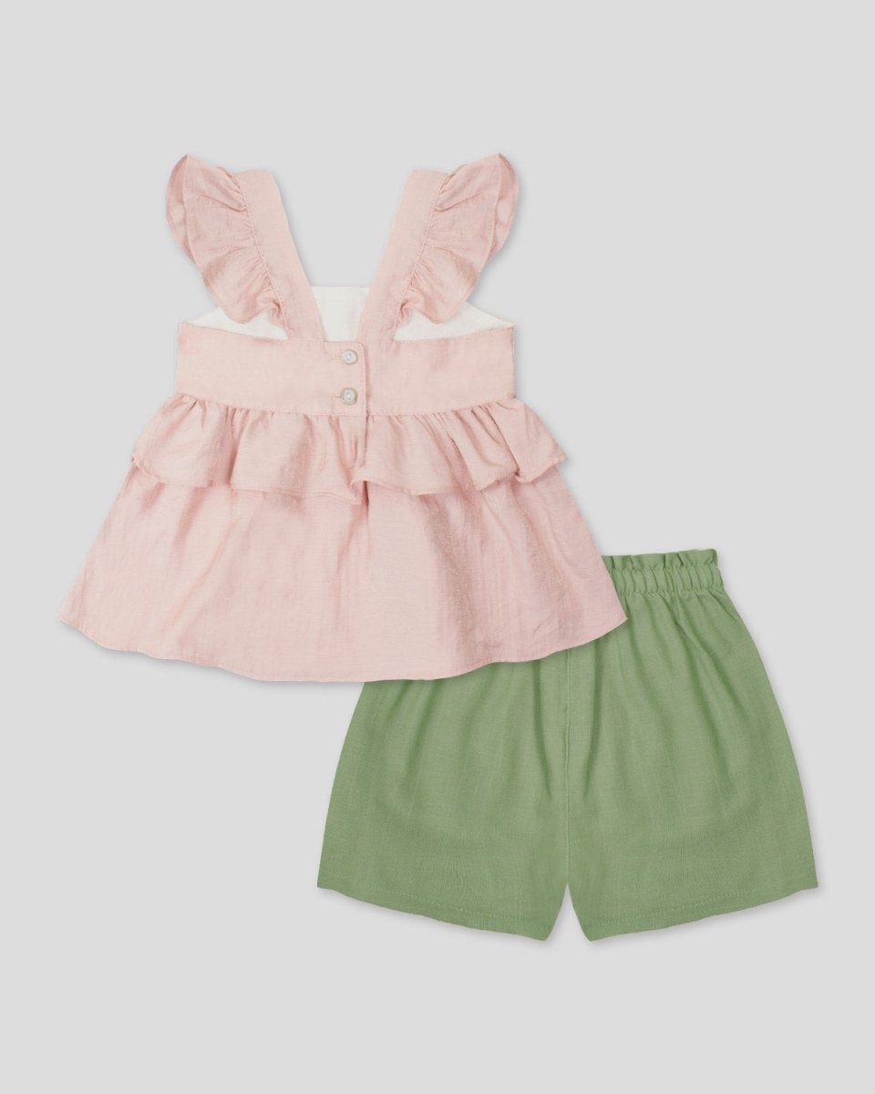 Conjunto blusa rosada de tiras con boleros, moño y short verde para niña - Cielito